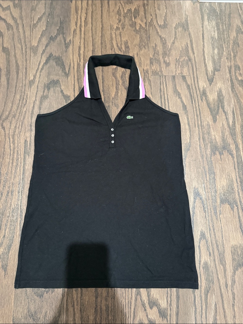 Lacoste Black Halter Polo Tank with Pink Collar Stripe